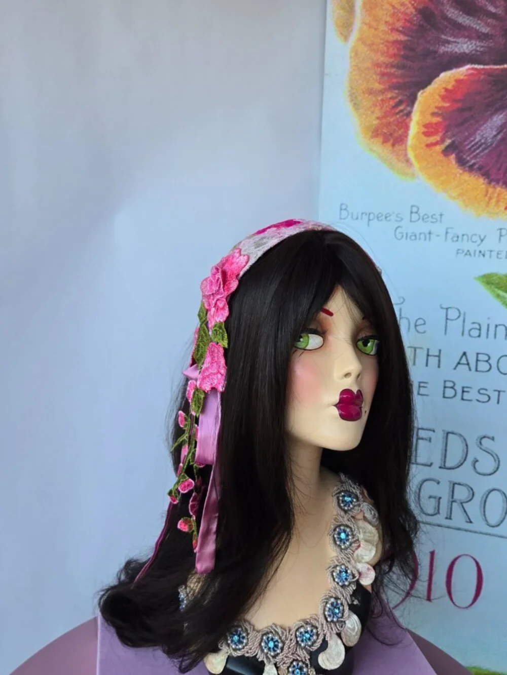 Handmade Pink and Fuchsia Embroidered Rose Patchwork Quilted Hair Sash